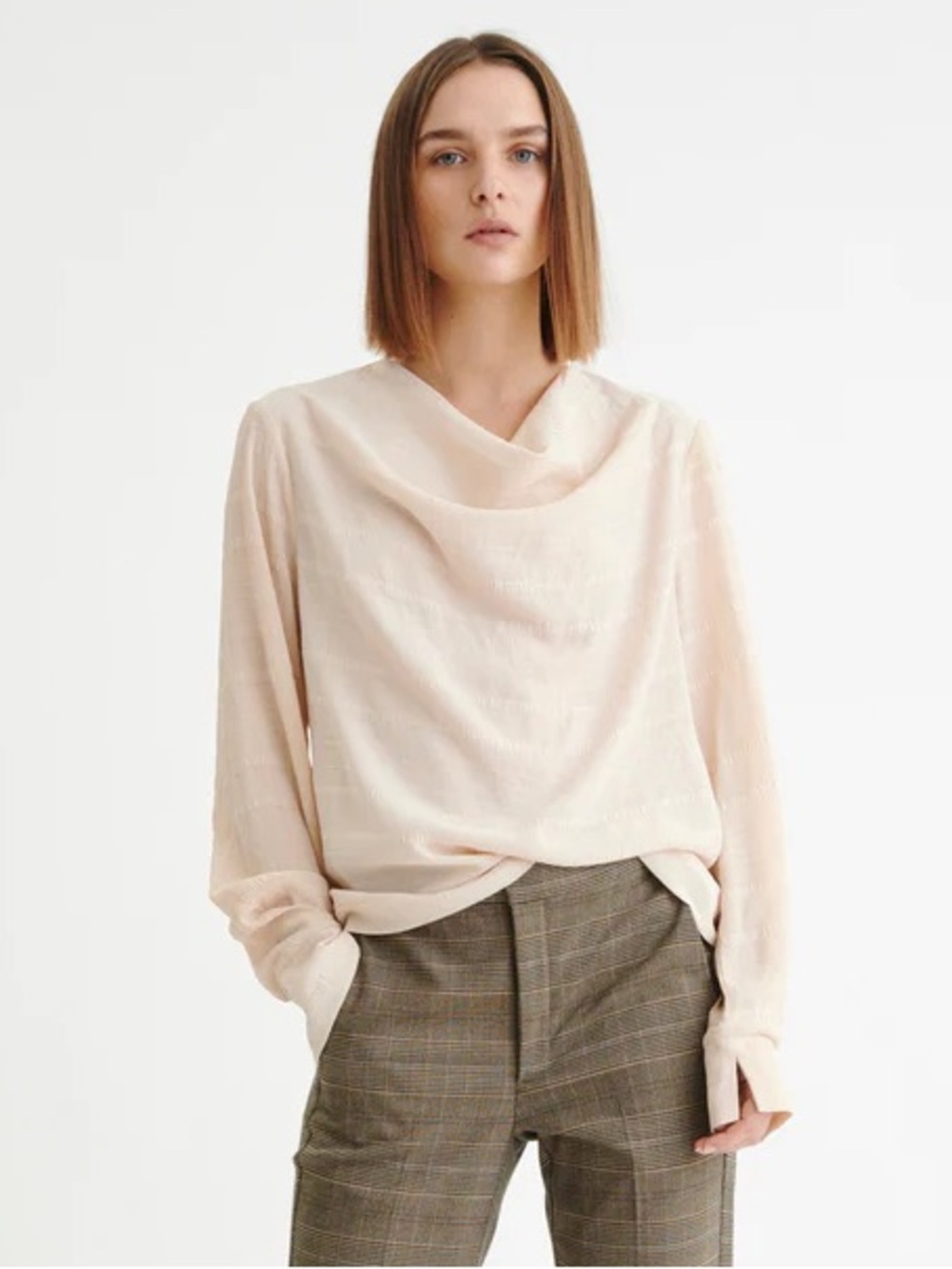 InWear Elegant Neck Cream Long Sleeve Blouse NWT 8 corporate minimalist
